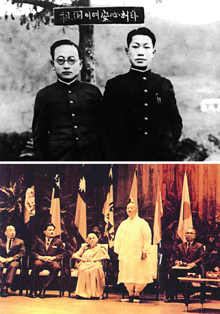 식민지 청년의 결의를 담아 찍은 사진에 ‘조국이여 안심허라’ 글귀가 인상적이다. 신앙공동체의 주역 김용기(왼쪽)와 여운혁(위 사진). 1966년 막사이사이상 수상식에서의 김용기. 막사이사이상은 필리핀 전 대통령 라몬 막사이사이를 기리기 위해 1957년 제정됐다. 해마다 정부 공무원, 공공사업, 국제협조 증진, 지역사회 지도, 언론문화 등 6개 부문에 수여된다.