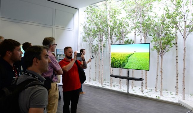 Participants look at LG organic light-emitting diode TVs at the firm’s OLED TV gallery zone during this year’s IFA consumer electronics show IFA in Berlin. (LG Electronics)