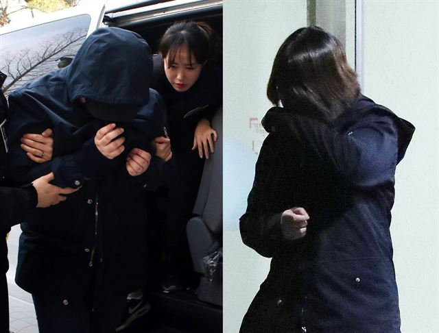 지난 4월 13일 영장실질심사를 받기 위해 차량에서 내리고 있는 인천 초등생 사건의 공범 박모(오른쪽 사진 가운데)양과 3월 30일 유치장으로 이동하는 주범 김모양. 연합뉴스