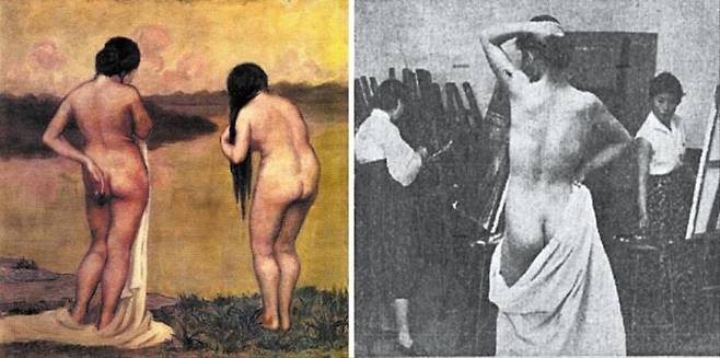 한국 최초의 누드화로 꼽히는 김관호의‘해 질 녘’(왼쪽·1916년 작)과 검정치마 흰 저고리 차림의 미술대학 여학생들 앞에서 포즈를 취하고 있는 옛 누드 모델. 1950년대 후반~1960년대 초반으로 추정된다(경향신문 1975년 8월 14일 자).