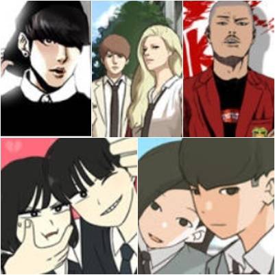 (왼쪽부터 시계방향) 네이버에서 연재 중인 웹툰 '외모지상주의', '프리드로우', '윈드브레이커', '연놈', '연애혁명' 표지
