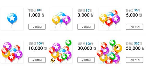 한 인터넷방송의 현금성 아이템인 ‘별풍선’ 가격. [사진 온라인 커뮤티니]