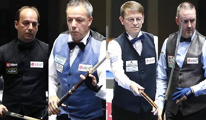 30일 끝난 "2017 라볼 3쿠션월드컵"에서 토브욘 브롬달(스웨덴)이 프레데릭 쿠드롱(벨기에)을 꺾고 우승을 차지했다. 브롬달의 우승으로 4대천왕은 올해 열린 6개 월드컵 중 3개 대회 우승을 차지하게 됐다. 왼쪽부터 산체스, 야스퍼스, 브롬달, 쿠드롱(세계랭킹 순).