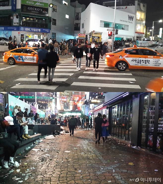 할로윈데이를 앞둔 주말인 29일 오전 2시쯤 이태원 사거리에서 무단횡단을 하는 사람들(위), 거리에는 쓰레기가 무분별하게 버려져 있다. /사진=이영민 기자