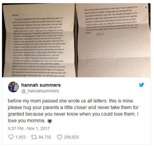한나가 자신의 트위터에 올린 엄마의 편지.