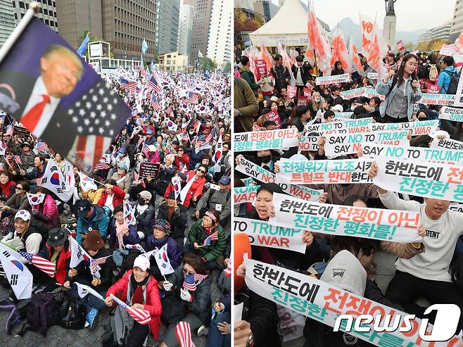 7일 오후 서울 도심에서 트럼프 대통령 방한 환영 집회와 반대 집회가 각각 열렸다. 이날 집회에서는 트럼프 미국 대통령 방한 환영과 반대 측 양의 입장이 서로 대조를 이뤘다. 사진 왼쪽 트럼프 대통령 방한 환영 집회, 오른쪽 트럼프 대통령 방한 반대 집회. 2017.11.7/뉴스1 © News1 이재명 기자,신웅수 기자