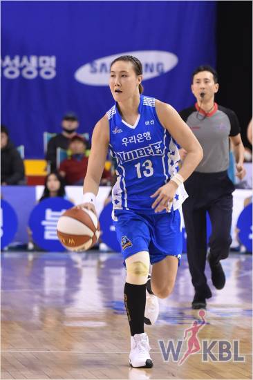 우리은행 김정은이 9일 삼성생명과 원정에서 드리블을 하고 있다.(용인=WKBL)