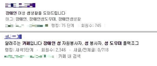 장애인 성 도우미 카페는 주요 포털 사이트에서 다양한 규모로 운영되고 있다. 포털 이미지 캡처.