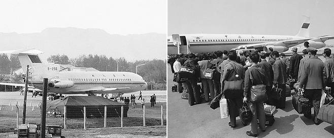 (왼쪽부터) 1983년 5월 5일 공중 납치된 중공 민항기가 강원 춘천 미군기지에 불시착했다. 이후 5박 6일간 서울에 체류한 중공 사람들이 양손에 선물꾸러미를 들고 귀국하고 있다. /조선DB