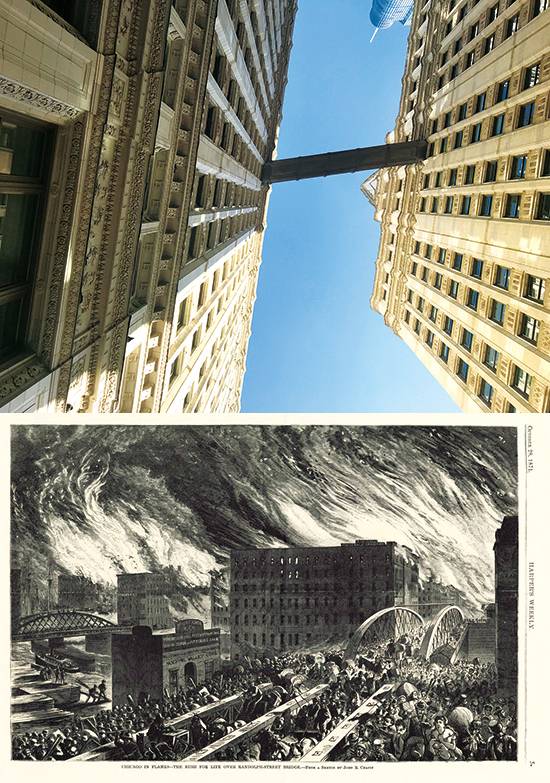 리글리빌딩14층브릿지, 시카고 대화재 때 신문에 등장한 화재 그림. 그림 John R. Chapin by 위키미디어
