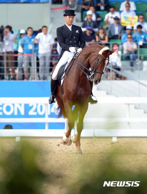 【인천=뉴시스】박영태 기자 = 23일 오후 인천 드림파크승마장에서 열린 ‘2014인천아시아경기대회’ 승마 마장마술 개인전 인터미디에이트 프리스타일에서 한국 김동선이 멋진 경기를 하고 있다. 김동선은 황영식에 이어 은메달을 획득했다. 2014.09.23. since1999@newsis.com