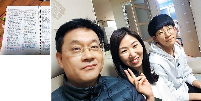 장인옥씨가 매일 책을 읽고 썼다는 독서 일기(왼쪽). 고시 공부 하는 이의 노트만큼이나 빼곡하다. 남편, 고교 2학년 아들과 함께한 최근 모습(오른쪽). 장씨는 “남편을 비로소 이해하게 된 지금이 연애할 때보다 더 좋다”고 말했다. / 장인옥 제공