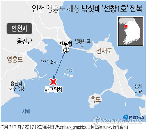 [그래픽] 인천 영흥도 해상 낚싯배 '선창1호' 전복(종합) (서울=연합뉴스) 장예진 기자 = 3일 오전 6시 12분께 인천시 옹진군 영흥도 영흥대교 인근 해상에서 낚싯배가 급유선과 충돌해 전복됐다.  jin34@yna.co.kr