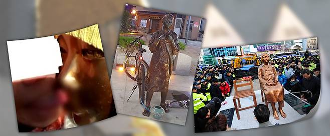 (좌로부터) 소녀상의 얼굴에 혀를 대고 있는 모습, 소녀상 발목에 자전거 자물쇠를 채운 모습, 부산 동구 일본 영사관 앞 소녀상이 철거되는 모습. /조선DB