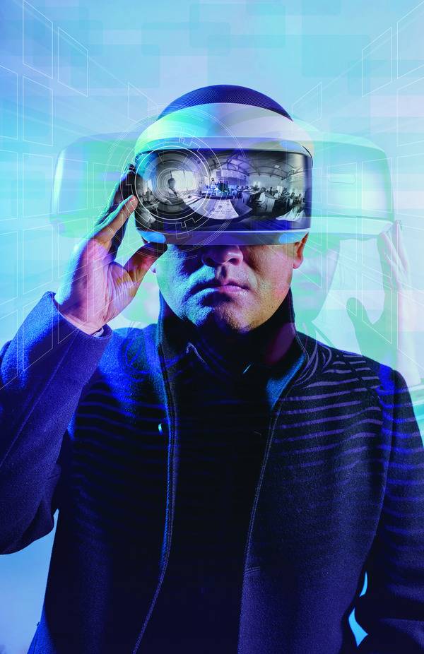 한 남성이 브이아르(VR) 영상을 볼 수 있는 헤드 마운티드 디스플레이(HMD)를 쓰고 브이아르 영상을 보고 있다. 그래픽 홍종길 기자 jonggeel@hani.co.kr. 사진 윤동길(스튜디오 어댑터 실장)