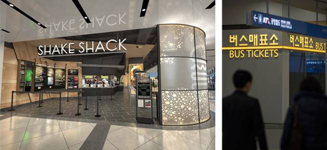 제2여객터미널 지하 1층에는 미국 뉴욕에 본점을 둔 수제버거집 ‘쉐이크쉑’이 입점한다(왼쪽). 지하 1층 교통센터에 버스, 공항철도, KTX가 한데 집결해 대중교통 이용이 한결 편리해진다. [인천국제공항공사 제공, 조영철 기자]