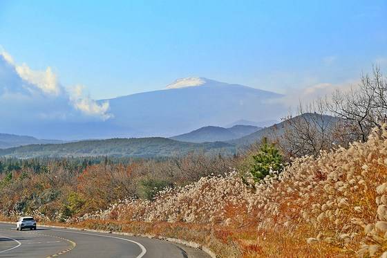 서귀포시 남원읍 수망리에서 바라본 한라산. 정상 부근엔 겨우내 눈이 쌓여 있다. 하얀 고깔모자를 쓴 듯하다.