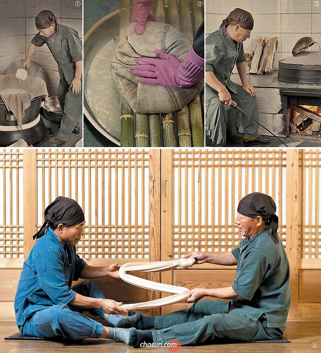 엿 만드는 순서는 이러하다. ①밥으로 식혜를 만든다. ②담근 식혜를 당화한다. ③또 끓여 조청, 식혀서 갱엿을 만든다. 이 과정에 들어가는 피로와 정성이야말로 엿을 금빛으로 바꾸는 마법이라 할 것이다. ④전남 담양 ‘고재구 전통 쌀엿’의 고강석(오른쪽)·고환석 형제. 완성된 갱엿을 서로 발바닥 맞붙이고 영차영차 늘였다 접었다 하다 보면 형제의 우애도 엿처럼 끈끈해진다. /김종연 영상미디어 기자