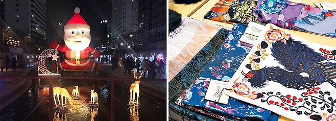 청계천 위에서 관람객들을 반갑게 맞이하는 거대 산타 조형물. 서울 삼성동의 ‘트레 크리스마스 마켓 서울’은 ‘산타의 나라’ 핀란드 물건을 만날 수 있다. 사진은 핀란드의 자연물로 디자인한 쿠션 커버./서울 크리스마스 페스티벌·이신영 영상미디어 기자