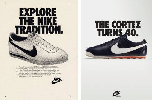 나이키의 첫 번째 코르테즈(1972)와 40주년 기념으로 출시된 코르테즈(2012)