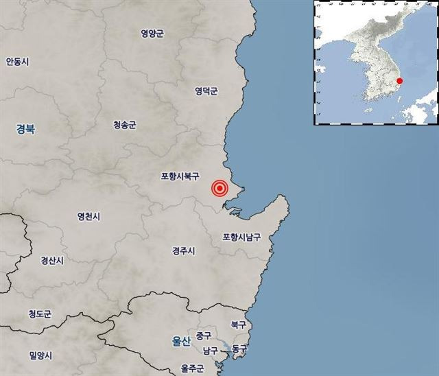 그림 1기상청은 25일 16시 19분께 경북 포항시 북구 북쪽 8km 지역에서 규모 3.5의 지진이 발생했다고 밝혔다. 기상청은 지난달 발생한 경북 포항지진의 여진으로 파악하고 있다. 기상청 제공