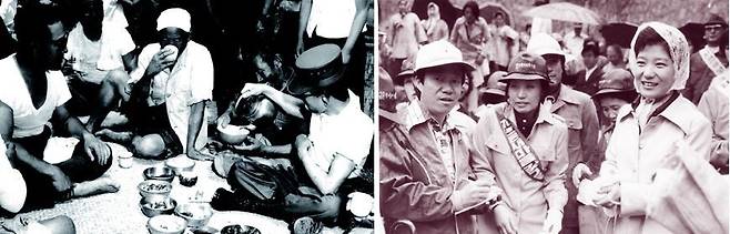 박정희 전 대통령은 수시로 농촌을 방문해 농민들과 막걸리를 마시며 근대화를 강조했다. (왼쪽)  1970년대 유신의 퍼스트레이디 시절 박근혜가 새마을운동 캠페인을 하던 모습. 박근혜 후보 캠프 제공. <한겨레> 자료사진.