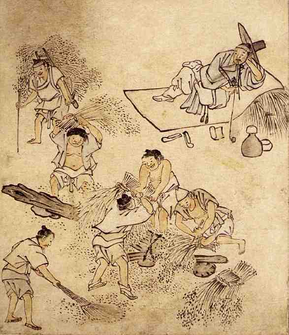 단원 김홍도의 그림 ‘벼타작’. 출처 위키미디어 코먼스.