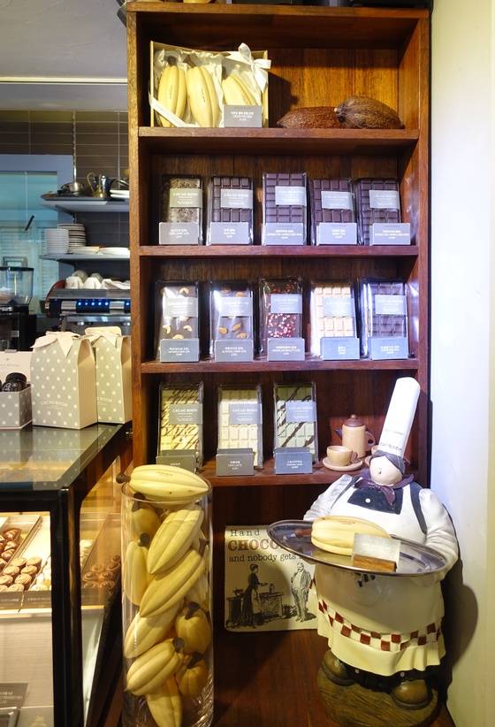 판 초콜릿 13가지, 카카오 열매와 모형을 진열한 장식장. 나무로 깎은 모형도 판매한다.