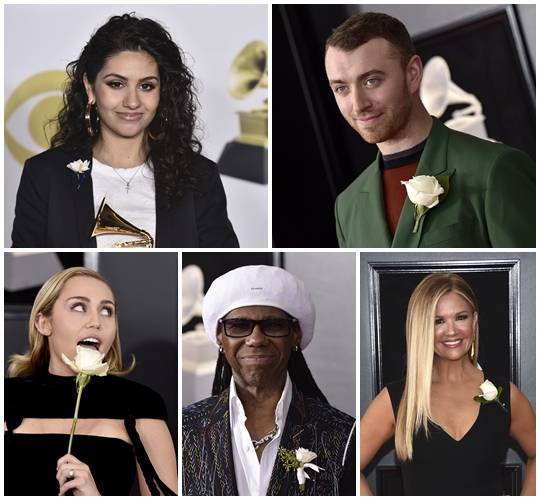 제60회 그래미 시상식에서 흰 장미를 옷에 달고 등장한 가수. 왼쪽부터 시계방향으로 알레시아 카라, 샘 스미스, 마일리 사이러스, 나일 로저스, 낸시 오델. AP뉴시스