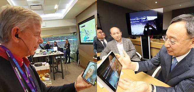 KT Chairman Hwang Chang-gyu makes a video call to Verizon Chief Executive Lowell McAdam [Photograph provided by KT]