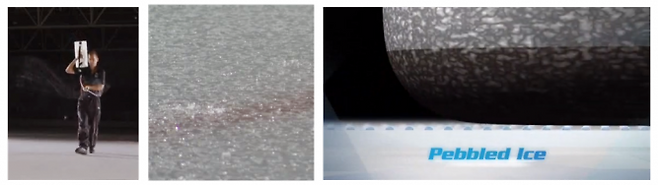 얼음 위에 페블을 만들기 위해 물을 뿌리는 모습(왼쪽), 페블이 만들어진 빙판(가운데), 페블 위를 지나가는 스톤(오른쪽) - https://www.nsf.gov/news/special_reports/olympics/curling.jsp 캡처 제공