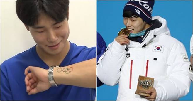 지난해 스포티비와 인터뷰에서 팔목을 보여주는 윤성빈(왼쪽). [사진 스포TV 영상 캡처, 뉴스1]