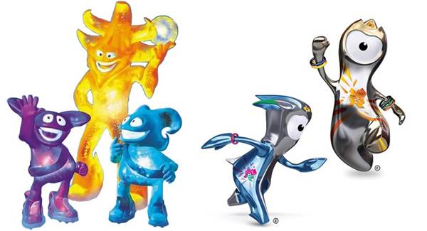 2002 한일 월드컵 마스코트였던 아토, 니크, 캐즈(왼쪽)와 2012 런던 올림픽 웬록과 맨더빌.