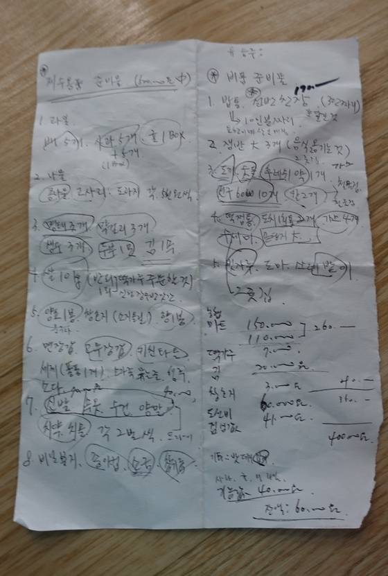 준비할 물건을 세세히 적은 물목.