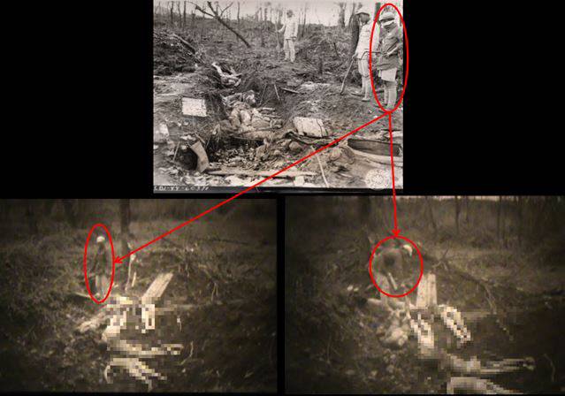서울시가 3.1절 99주년을 기념해 27일 개최한 한·중·일 ‘일본군 위안부 국제콘퍼런스’에서 일본군이 조선인 ‘위안부’를 학살했음을 보여주는 영상을 27일 공개했다. 사진은 1944년 9월15일 미국 사진병 프랭크 맨워렌이 중국 윈난성 텅충에서 촬영한 조선인 위안부가 학살된 모습(위)과 영상 속 중국 병사(붉은 원)가 시신의 양말을 벗기는 모습. 사진에 등장하는 중국병사와 동일하다. 서울시·서울대 인권센터 제공