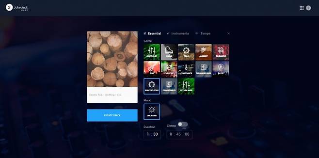 쥬크덱의 웹사이트. 인곧지능 작곡 프로그램을 이용해 누구나 음악을 만들 수 있다. 만들고자 하는 음악의 장르, 분위기 등을 선택하면 인공지능이 나만을 위한 음악을 만들어 준다. 완성된 음악은 저작권 걱정없이 사용할 수 있다. (사진=쥬크덱 웹사이트 캡쳐)