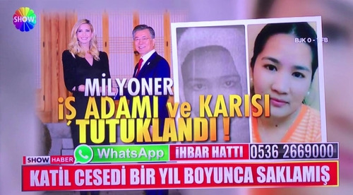 문 대통령·이방카 사진에 '살인 용의자 부부 체포' 자막 (이스탄불=연합뉴스) 하채림 특파원 = 지난달 25일 터키 쇼TV 뉴스의 필리핀 가사도우미 피살사건 리포트 화면 캡처 이미지. 문 대통령과 이방카 트럼프 백악관 보좌관의 사진을 배경으로 피살자 모습을 겹쳐 놓고, 중앙에는 '백만장자 부부가 체포됐다', 하단에는 '시신을 냉동고에 1년간 유기했다'고 각각 자막으로 표기했다. [독자 제공] 2018.3.11