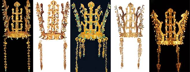 (왼쪽부터)금관총 금관, 천마총 금관, 황남대총 북분 금관, 서봉총 금관, 금령총 금관