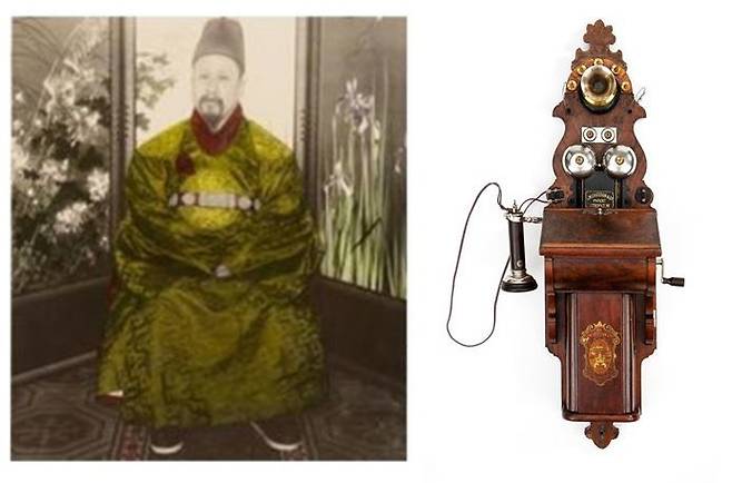 고종의 모습 (왼쪽) <국외소재문화재재단> 제공. 고종이 사용한 전화기와 같은 모델의 L.M에릭손이 생산한 자석식 벽걸이 전화기. 사진 출처 <폰박물관>.