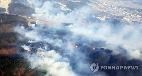 강풍 타고 번지는 고성 산불 (고성=연합뉴스) 28일 강원 고성군 간성읍 탑동리의 야산에서 발생한 산불이 바람을 타고 번지고 있다. 2018.3.28 [동부지방산림청 제공=연합뉴스]      hak@yna.co.kr