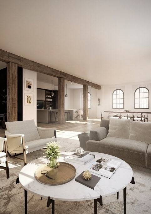크림 톤와 우드 컬러로 이뤄져 포근한 느낌을 주는 거실. /6sqft.com