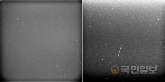 충북대학교 천문대가 31일 새벽 5시29분쯤 톈궁1호의 추락 예상 궤도를 망원경으로 촬영한 사진이다. 우측은 2013년 4월 13일 4시에 나로호 탑재체인 과학위성 2호를 관측한 영상. 충북대 천문대 제공