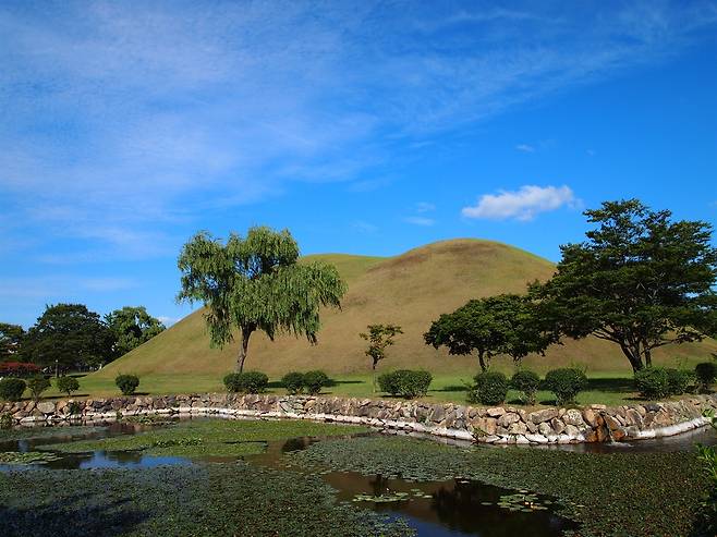 대릉원에 자리한 황남대총, 남분과 북분이 합쳐진 표형분의 형태로 마치 낙타 등처럼 생겼다.  ⓒ김희태