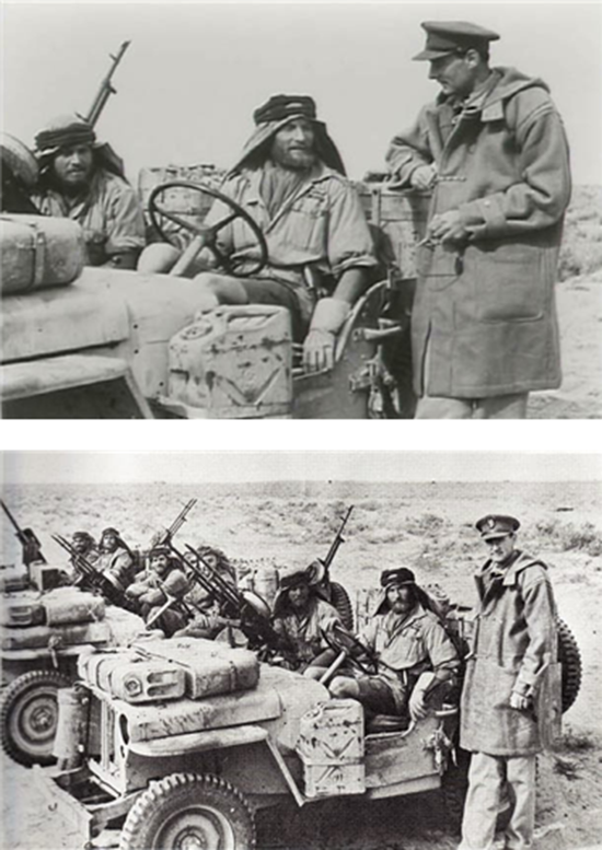 영국군 특수부대의 아버지 데이비드 스털링(David Sterling) 대위. 더플 코트를 입은 채 사막에서 독일군을 습격하러 출발하는 대원들을 지도하고 있다.