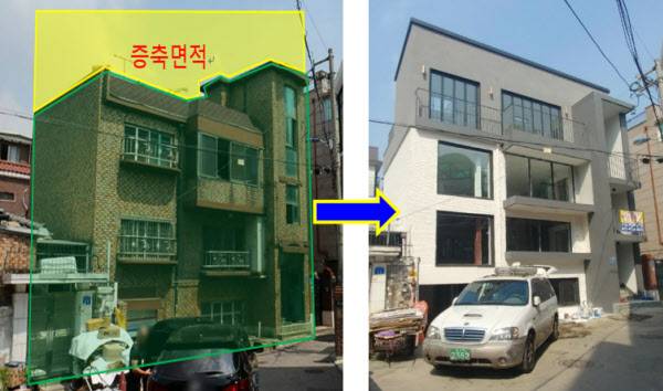 매달 1100만원 임대료가 나오는 연남동 근린생활 빌딩의 리모델링 이전(왼쪽)과 이후 모습. 기존 건물에 1개층을 더 올렸다. /빌딩드림 제공