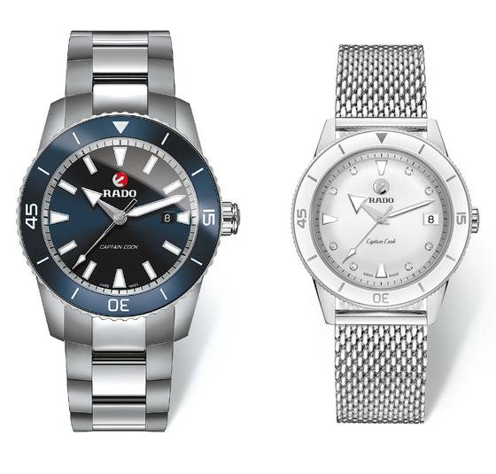 어반 스타일의 남성용 시계 ‘하이퍼크롬 캡틴쿡’(310만원, 경화 티타늄, 블루 컬러 하이테크 세라믹과 탄소 확산 스틸 소재의 회전 베젤, 오버사이즈 인덱스)와 여성용 시계 ‘하이퍼크롬 캡틴쿡 다이아몬드’(275만원, 실버 다이얼, 화이트 하이테크 세라믹 베젤, 8개의 다이아 인덱스, 밀라노 밴드).