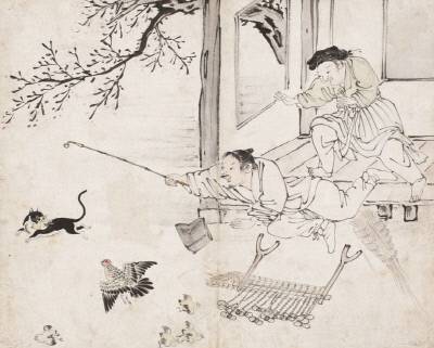 김득신의 대표작인 ‘파적도(야묘도추)’. 들고양이가 병아리를 물고 도망가는 장면을 포착했다. 어미닭은 시뻘건 두 눈을 부릅뜬채 고양이를 향해 달려들고 병아리들은 사방으로 도망친다. 이 모습을 본 주인영감은 돗자리를 짜다말고 곰방대를 후려치며 뛰어들지만 역부족이다. 툇마루에서 그만 고꾸라진다. 주인마님도 떨어지는 영감을 잡으려 맨발로 달려들지만 이미 늦었다. 망건과 돗자리틀이 떨어지고 만다. 그야말로 ‘순간포착 세상의 이런 일이’ 같은 장면이다. 한 편의 짤방이자 한 편의 캡처 영상 같다. |간송미술관 소장