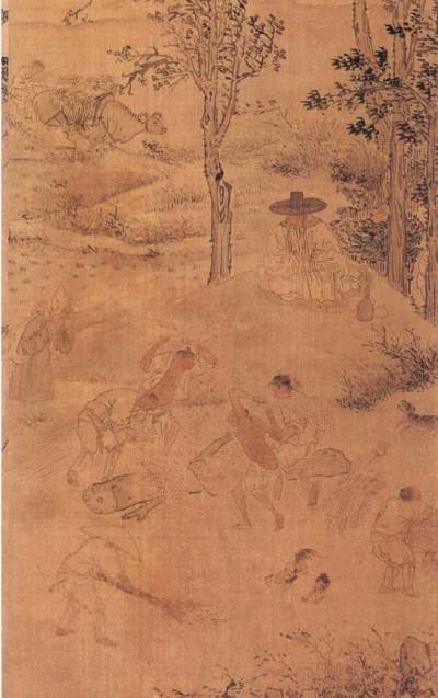 김득신의 타작도. 정장에 갓까지 쓰고 있으면서도 추운지 수건까지 둘러쓰고 앉아있는 감독관의 모습과 더워서 웃통을 벗어버린채 타작하는 농민의 모습이 대조적이다. 닭이 낱알을 주워먹는 데다  놔두는 장면이나 탁발승이 등장하는 장면 등 추수철의 넉넉한 인심을 엿볼 수 있다. 그것도 모르는 강아지가 컹컹 짖어대고 있다,