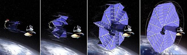 접혀 있다가 엉킴 없이 한번에 펼쳐져야 하는 인공위성의 태양전지판은 종이접기 원리를 이용한다. 미항공우주국(NASA) 제공