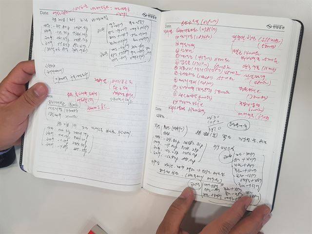 남석관 베스트인컴 대표의 투자노트. 남 대표는 매일 장 종료 후 뉴스와 시황, 투자자들의 움직임, 관심종목 이슈 등을 노트에 빼곡히 기록한다. 박세인 기자